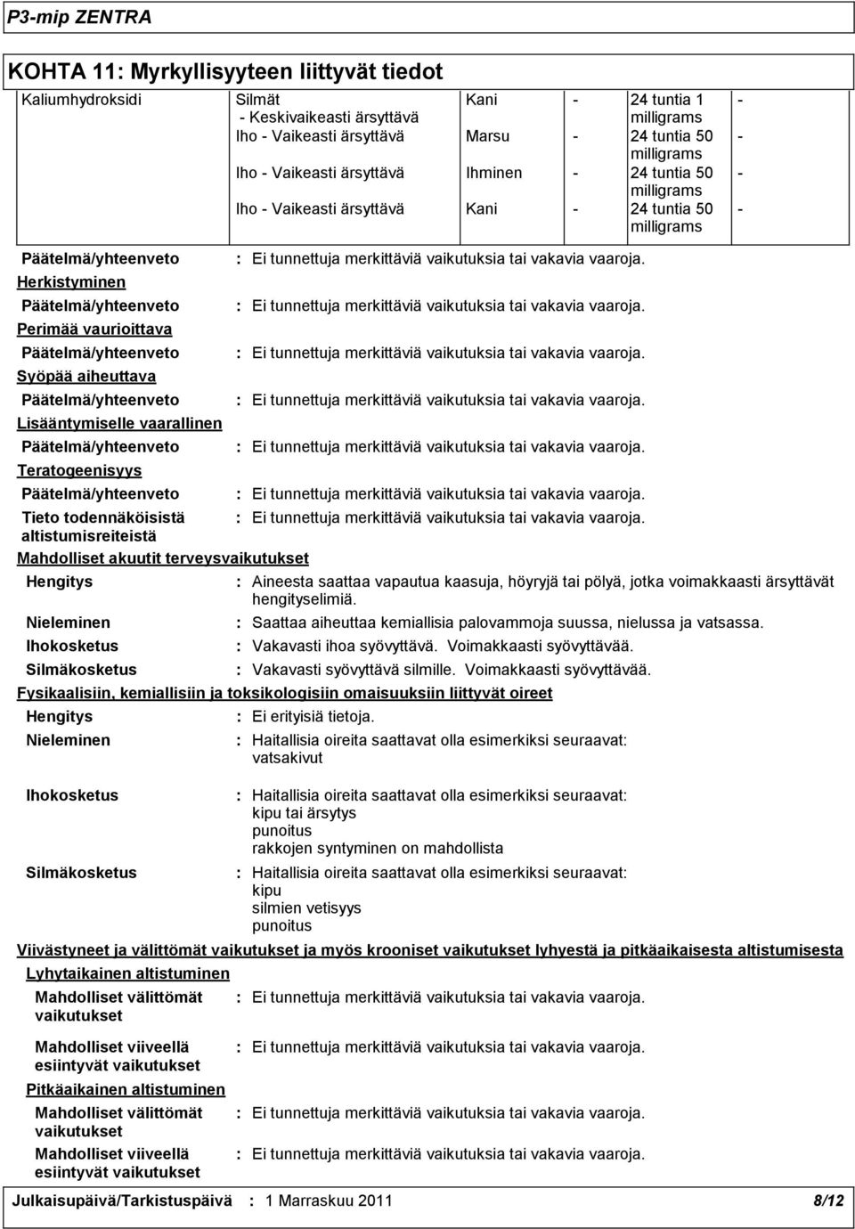 Teratogeenisyys Tieto todennäköisistä altistumisreiteistä Mahdolliset akuutit terveysvaikutukset Hengitys Nieleminen Ihokosketus Silmäkosketus Aineesta saattaa vapautua kaasuja, höyryjä tai pölyä,