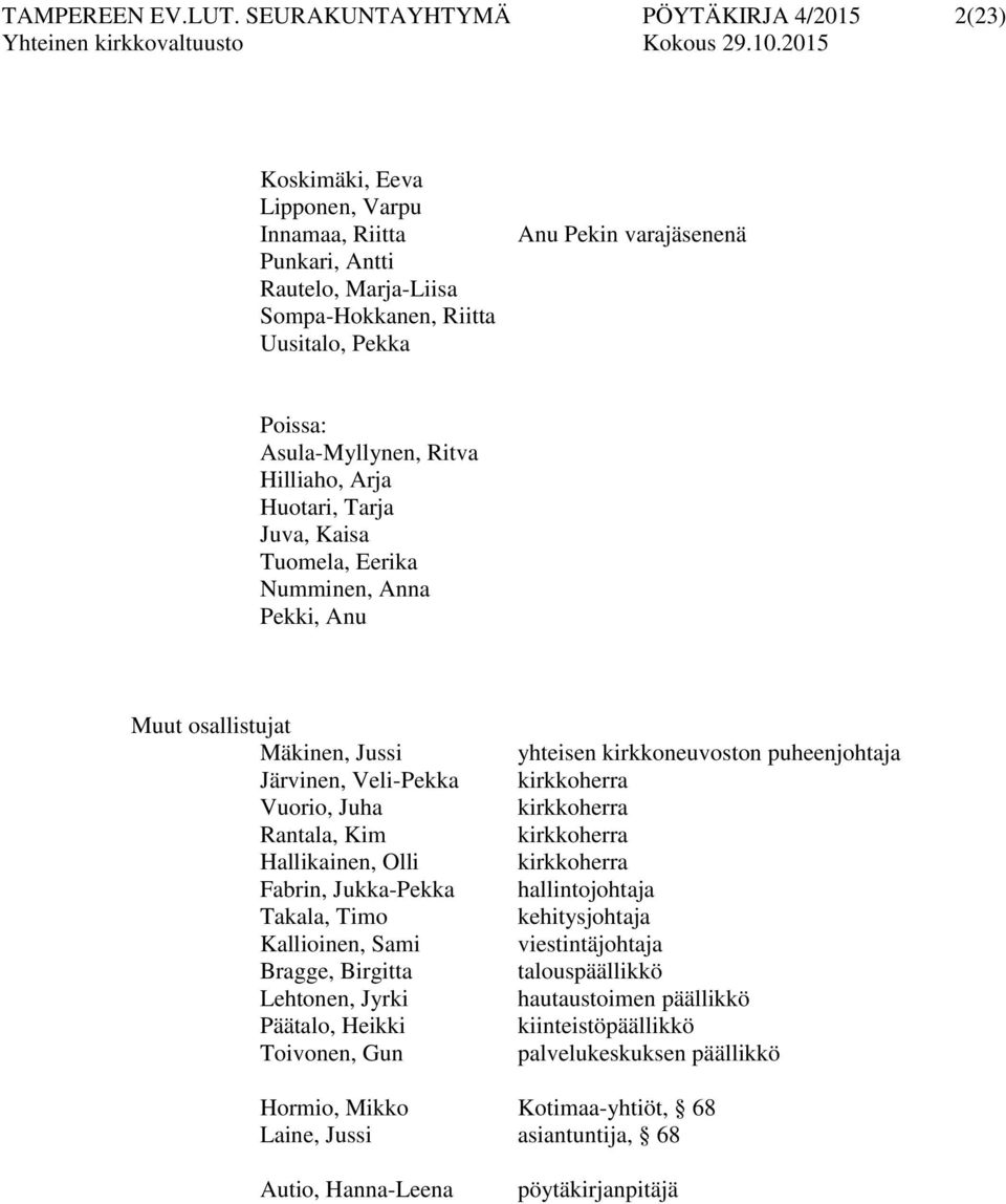 Asula-Myllynen, Ritva Hilliaho, Arja Huotari, Tarja Juva, Kaisa Tuomela, Eerika Numminen, Anna Pekki, Anu Muut osallistujat Mäkinen, Jussi Järvinen, Veli-Pekka Vuorio, Juha Rantala, Kim Hallikainen,