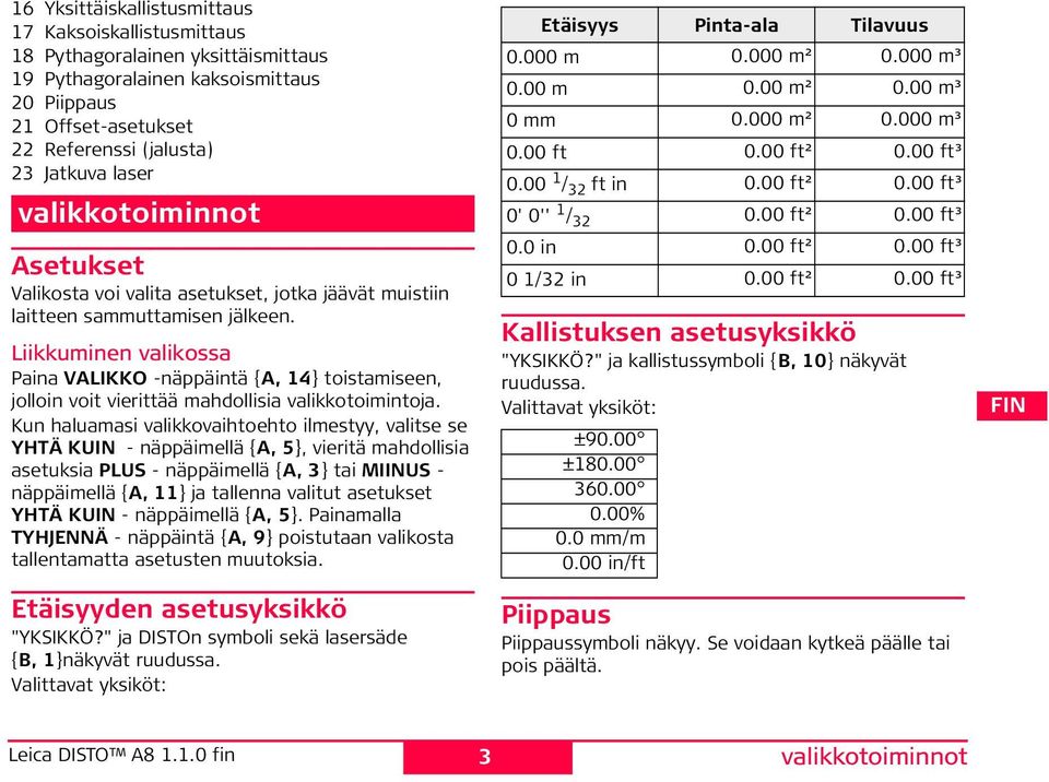 Liikkuminen valikossa aina VALKKO -näppäintä {A, 14} toistamiseen, jolloin voit vierittää mahdollisia valikkotoimintoja.