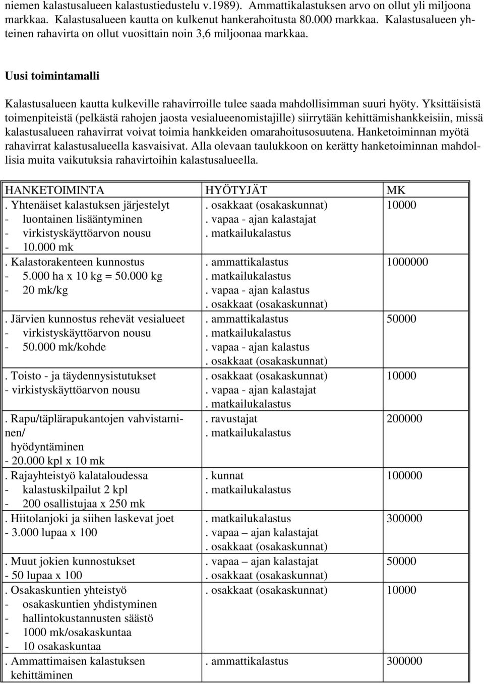 Yksittäisistä toimenpiteistä (pelkästä rahojen jaosta vesialueenomistajille) siirrytään kehittämishankkeisiin, missä kalastusalueen rahavirrat voivat toimia hankkeiden omarahoitusosuutena.