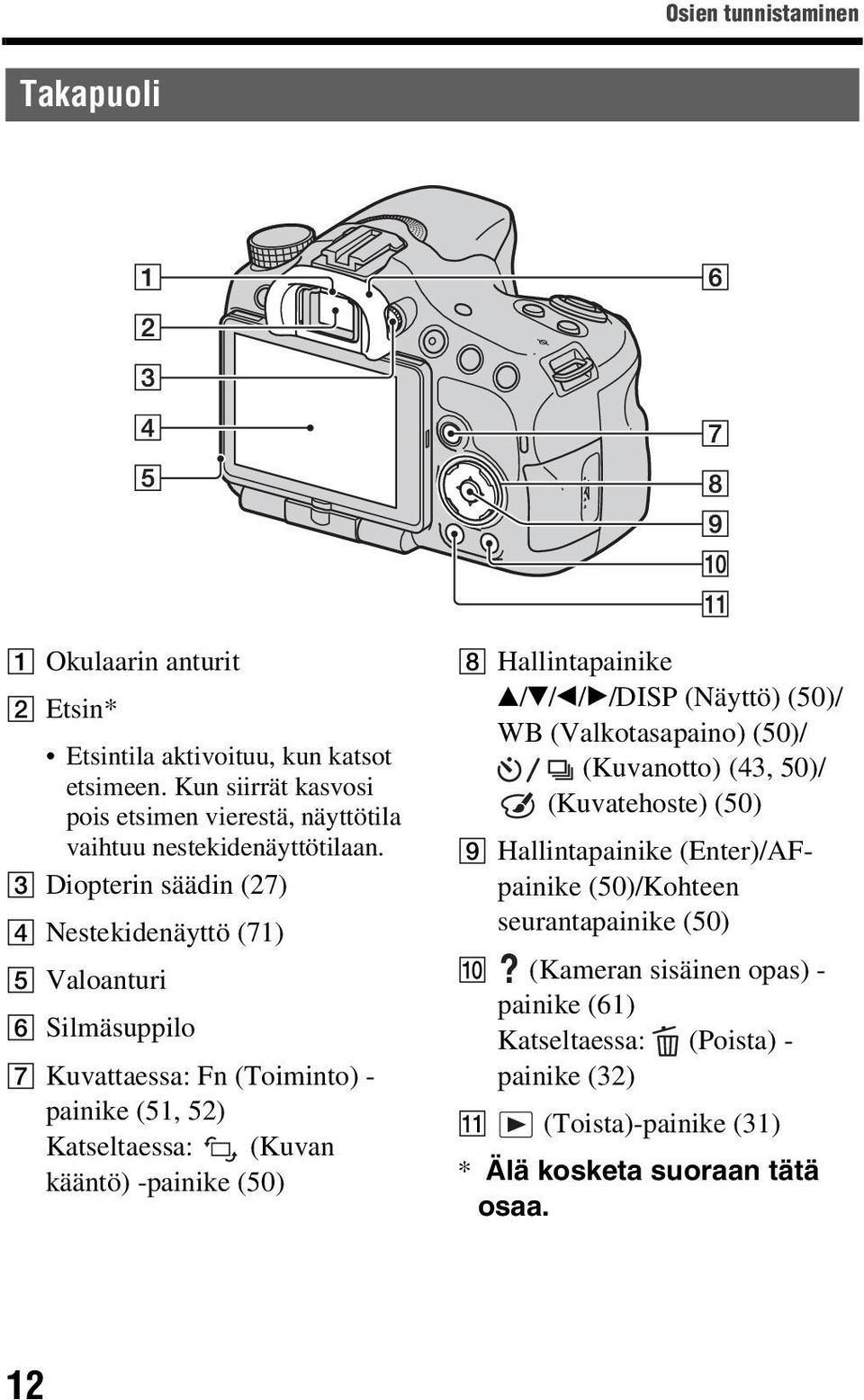 C Diopterin säädin (27) D Nestekidenäyttö (71) E Valoanturi F Silmäsuppilo G Kuvattaessa: Fn (Toiminto) - painike (51, 52) Katseltaessa: (Kuvan kääntö) -painike (50) H