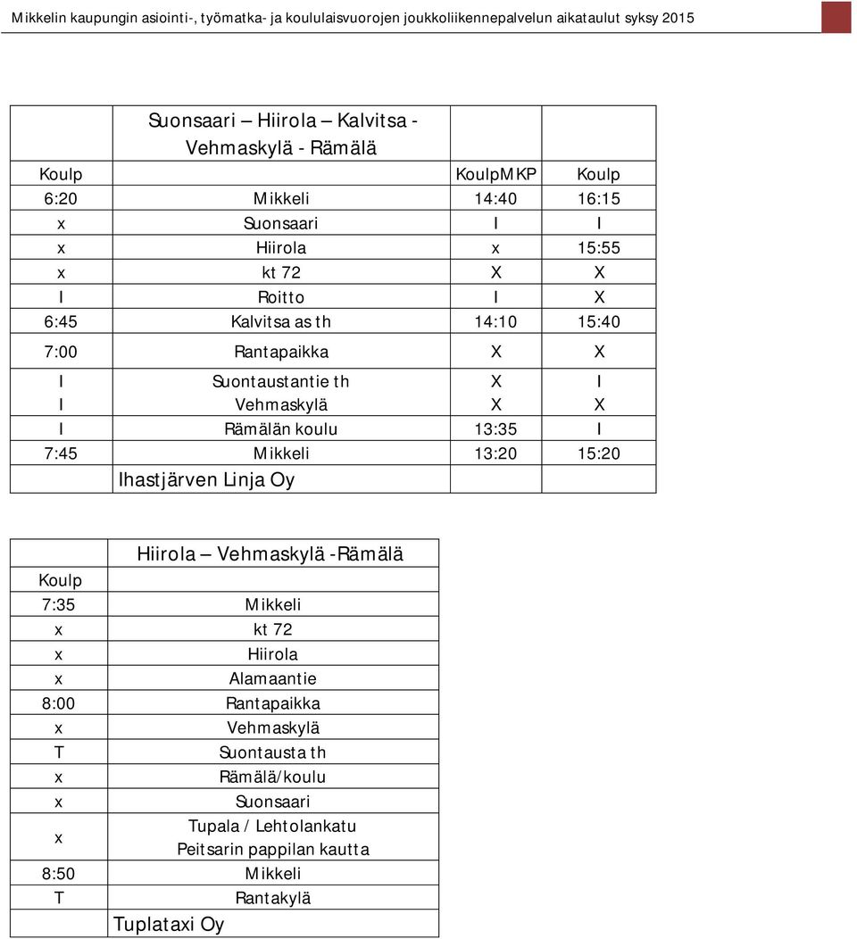 Mikkeli 13:20 15:20 Hiirola Vehmaskylä -Rämälä 7:35 Mikkeli kt 72 Hiirola Alamaantie 8:00 Rantapaikka Vehmaskylä