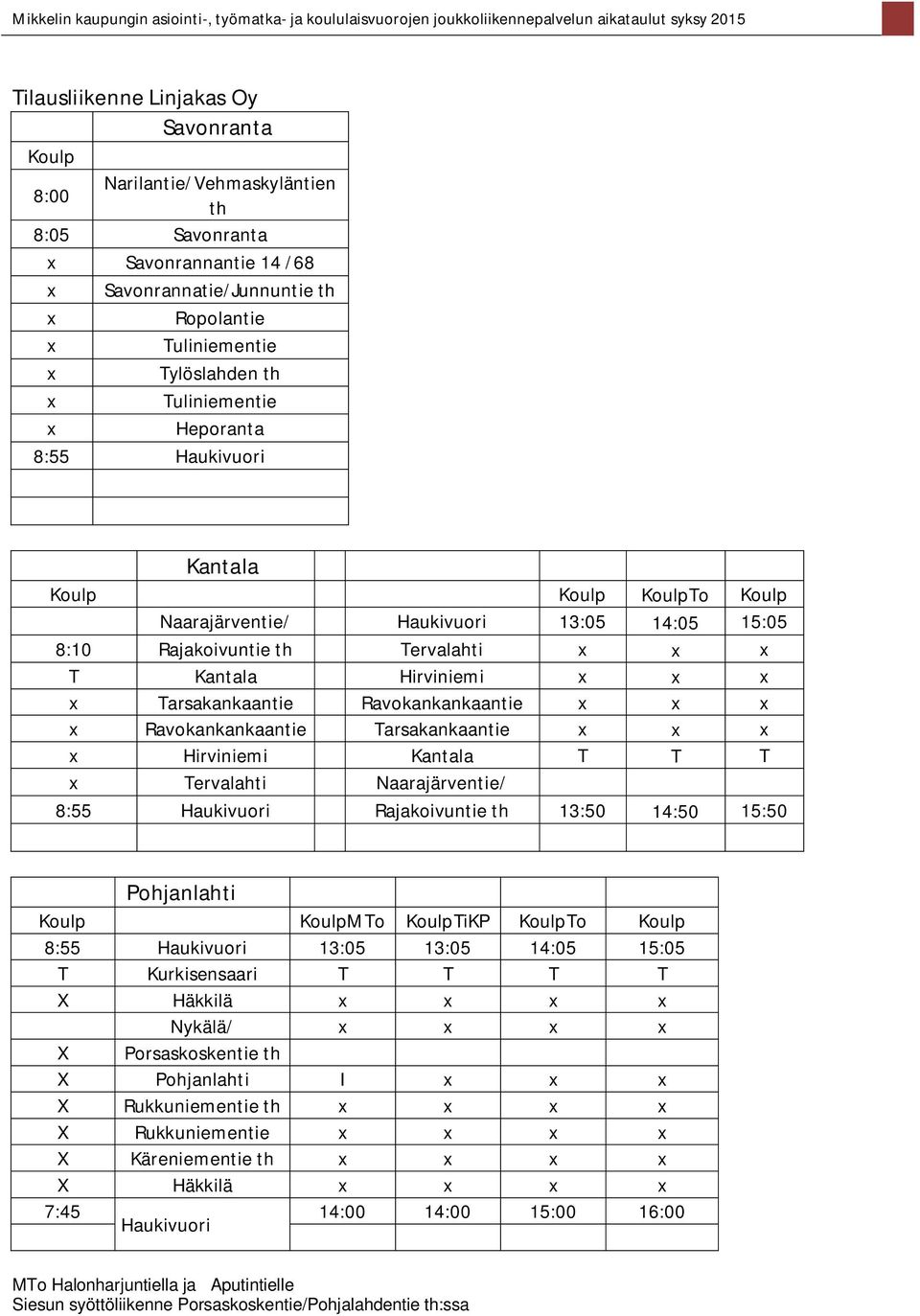 Tarsakankaantie Hirviniemi Kantala T T T Tervalahti Naarajärventie/ 8:55 Haukivuori Rajakoivuntie th 13:50 14:50 15:50 Pohjanlahti MTo TiKP To 8:55 Haukivuori 13:05 13:05 14:05 15:05 T Kurkisensaari