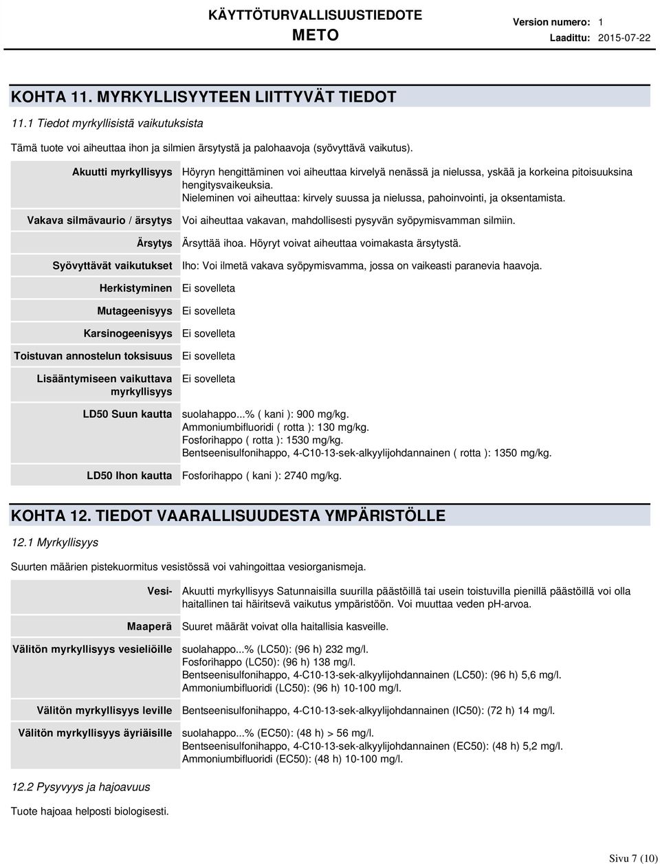 LD50 Suun kautta LD50 Ihon kautta Höyryn hengittäminen voi aiheuttaa kirvelyä nenässä ja nielussa, yskää ja korkeina pitoisuuksina hengitysvaikeuksia.