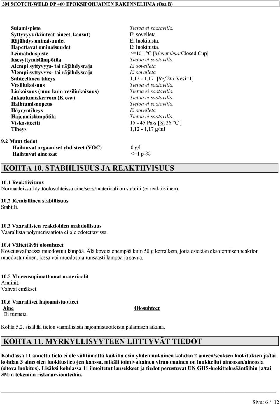 Suhteellinen tiheys 1,12-1,17 [Ref.Std:Vesi=1] Vesiliukoisuus Liukoisuus (muu kuin vesiliukoisuus) Jakautumiskerroin (K o/w) Haihtumisnopeus Höyryntiheys Ei sovelleta.