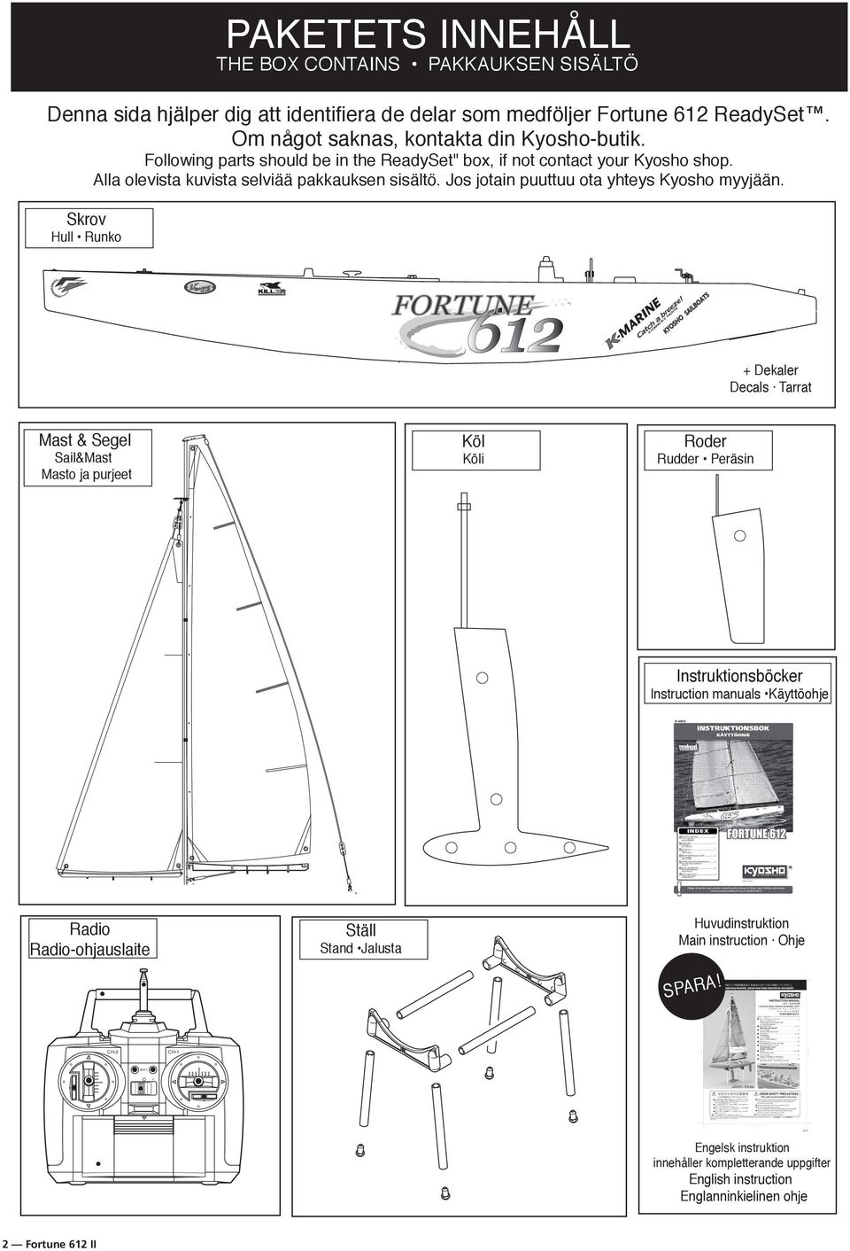 Skrov Hull Runko + Dekaler Decals Tarrat Mast & Segel Sail&Mast Masto ja purjeet Köl Köli Roder Rudder Peräsin Instruktionsböcker Instruction manuals Käyttöohje Radio