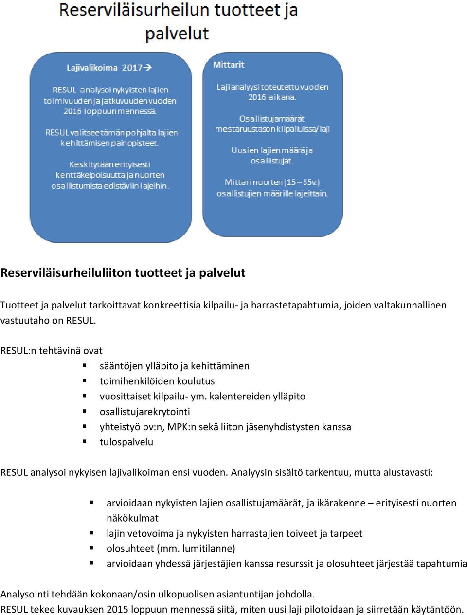 kalentereiden ylläpito osallistujarekrytointi yhteistyö pv:n, MPK:n sekä liiton jäsenyhdistysten kanssa tulospalvelu RESUL analysoi nykyisen lajivalikoiman ensi vuoden.