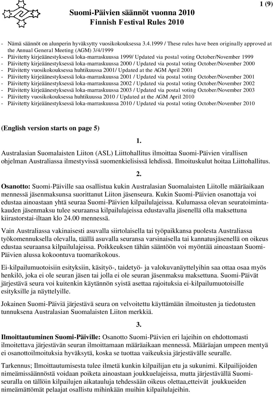 Päivitetty kirjeäänestyksessä loka-marraskuussa 2000 / Updated via postal voting October/November 2000 - Päivitetty vuosikokouksessa huhtikuussa 2001/ Updated at the AGM April 2001 - Päivitetty