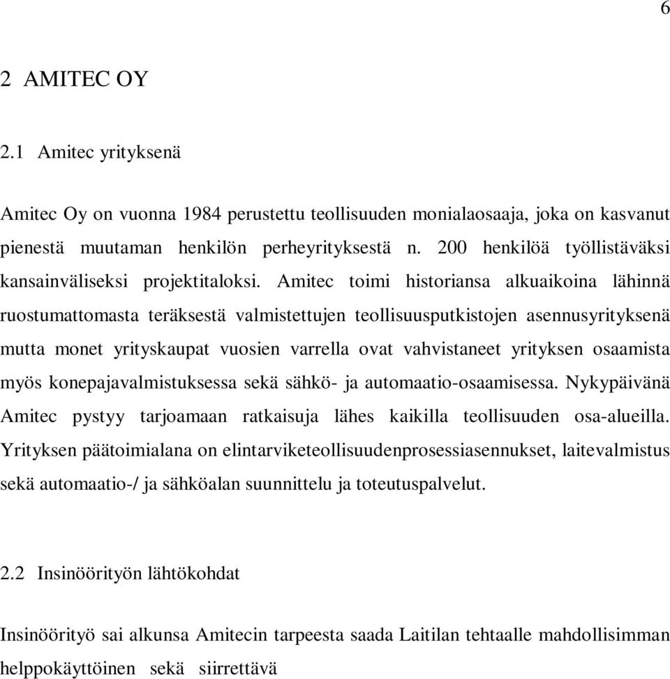 Amitec toimi historiansa alkuaikoina lähinnä ruostumattomasta teräksestä valmistettujen teollisuusputkistojen asennusyrityksenä mutta monet yrityskaupat vuosien varrella ovat vahvistaneet yrityksen