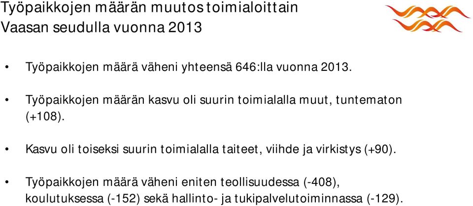 Työpaikkojen määrän kasvu oli suurin toimialalla muut, tuntematon (+108).