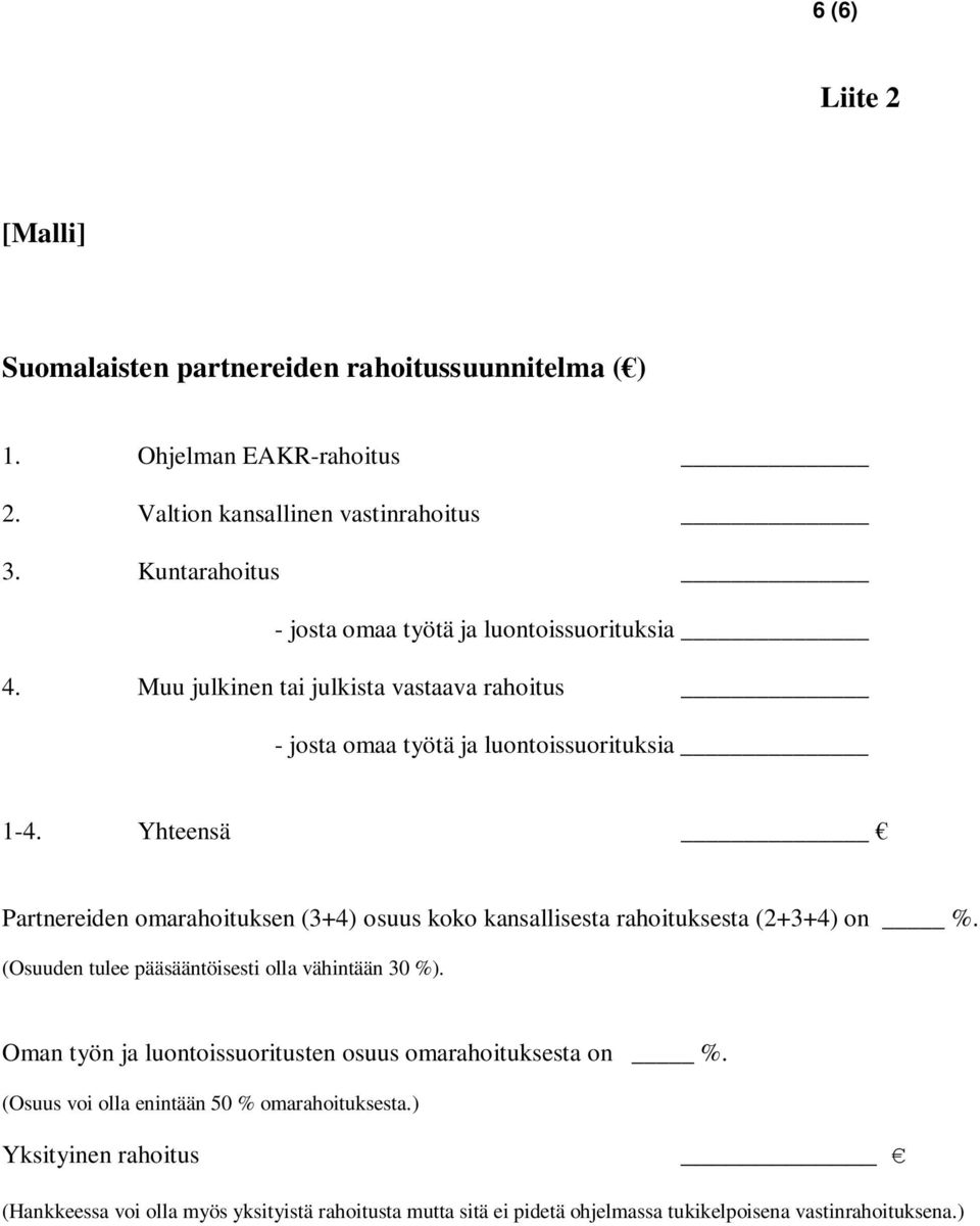 Yhteensä Partnereiden omarahoituksen (3+4) osuus koko kansallisesta rahoituksesta (2+3+4) on %. (Osuuden tulee pääsääntöisesti olla vähintään 30 %).