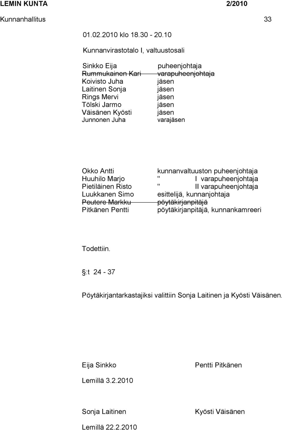 varapuheenjohtaja jäsen jäsen jäsen jäsen jäsen varajäsen Okko Antti kunnanvaltuuston puheenjohtaja Huuhilo Marjo " I varapuheenjohtaja Pietiläinen Risto " II