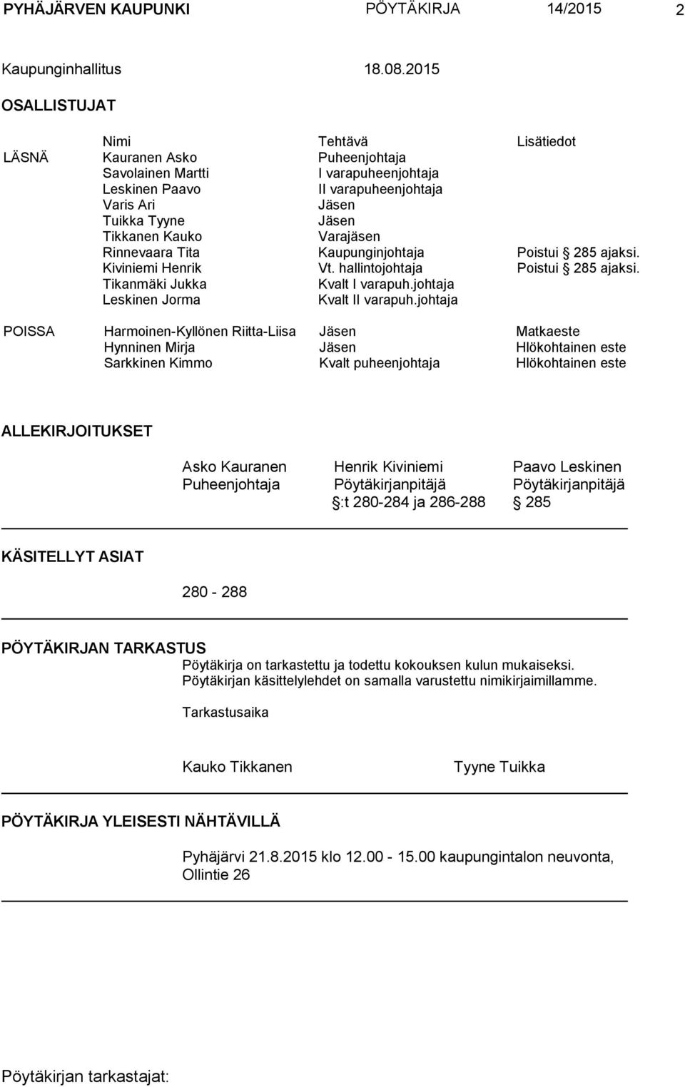 Varajäsen Rinnevaara Tita Kaupunginjohtaja Poistui 285 ajaksi. Kiviniemi Henrik Vt. hallintojohtaja Poistui 285 ajaksi. Tikanmäki Jukka Kvalt I varapuh.johtaja Leskinen Jorma Kvalt II varapuh.