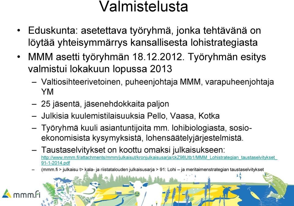 Vaasa, Kotka Työryhmä kuuli asiantuntijoita mm. lohibiologiasta, sosioekonomisista kysymyksistä, lohensäätelyjärjestelmistä. Taustaselvitykset on koottu omaksi julkaisukseen: http://www.
