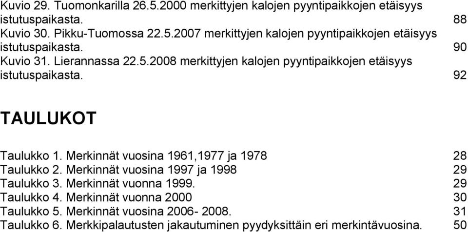 Merkinnät vuosina 1961,1977 ja 1978 28 Taulukko 2. Merkinnät vuosina 1997 ja 1998 29 Taulukko 3. Merkinnät vuonna 1999. 29 Taulukko 4.