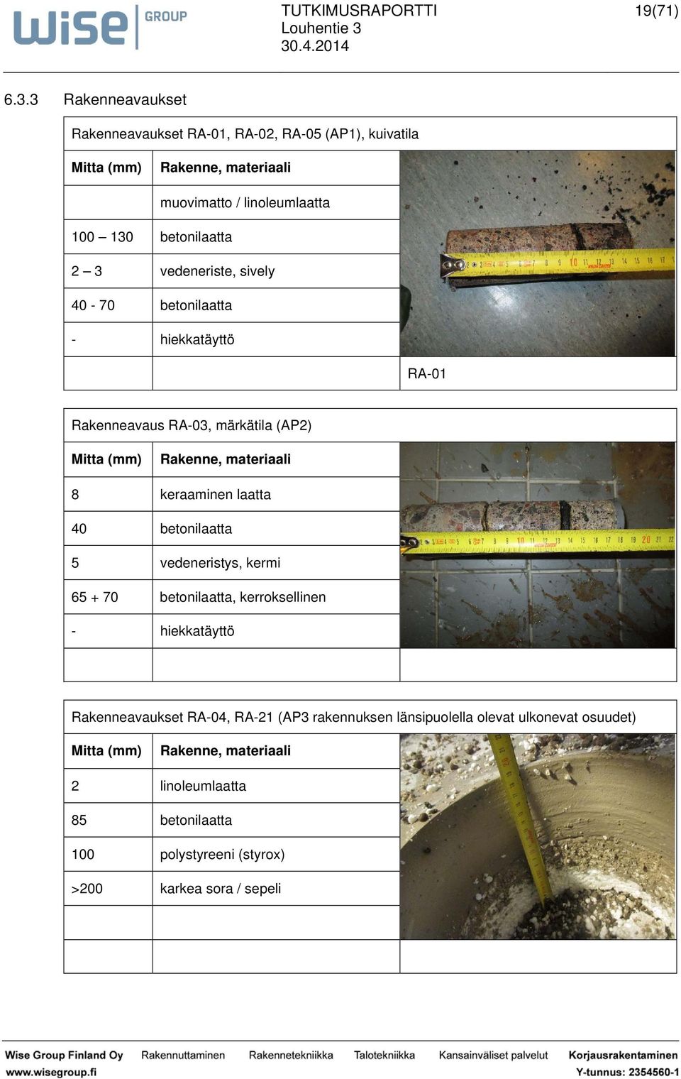 2 3 vedeneriste, sively 40-70 betonilaatta - hiekkatäyttö RA-01 Rakenneavaus RA-03, märkätila (AP2) Mitta (mm) Rakenne, materiaali 8 keraaminen laatta