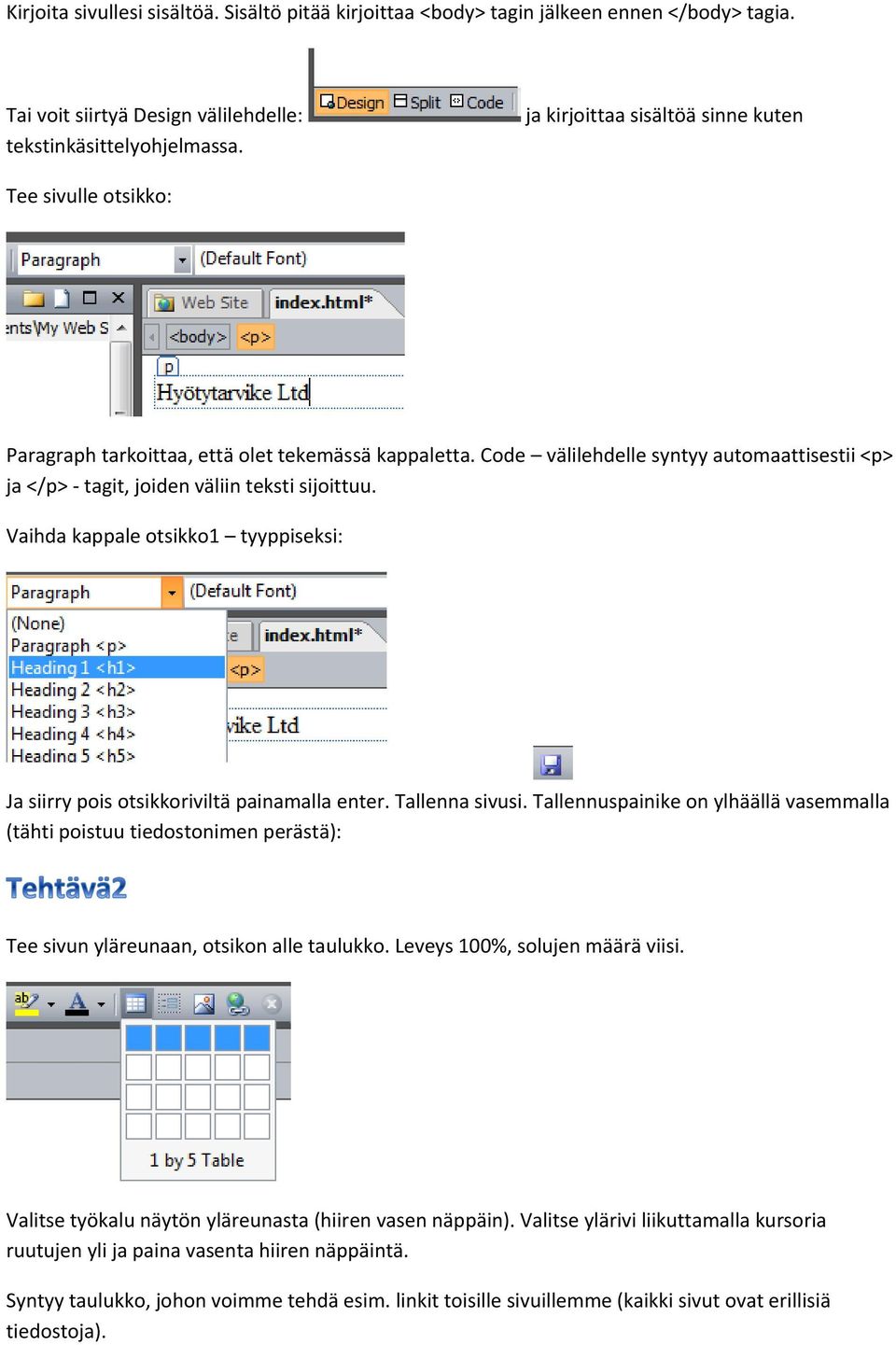 Code välilehdelle syntyy automaattisestii <p> ja </p> - tagit, joiden väliin teksti sijoittuu. Vaihda kappale otsikko1 tyyppiseksi: Ja siirry pois otsikkoriviltä painamalla enter. Tallenna sivusi.