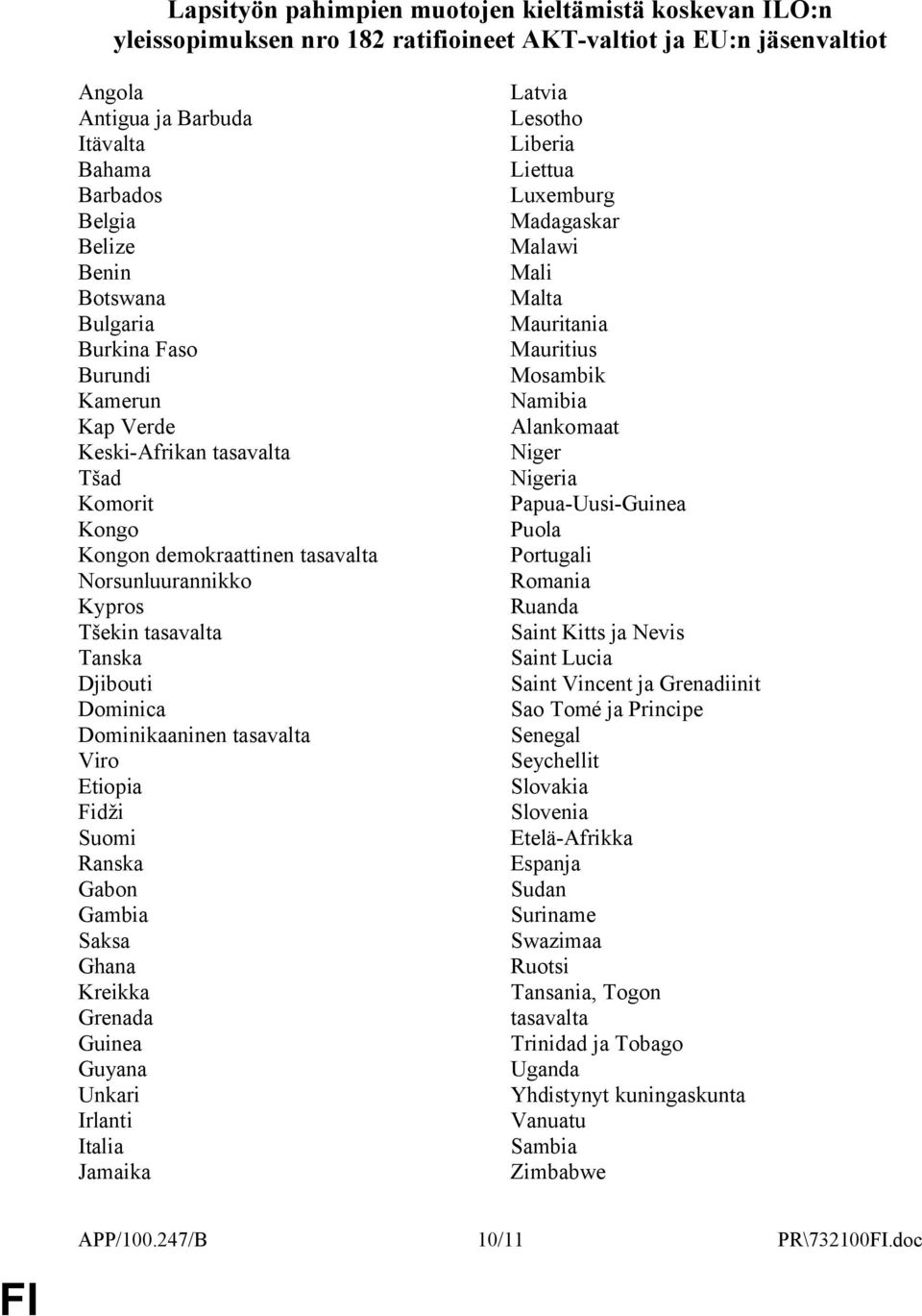 Dominikaaninen tasavalta Viro Etiopia Fidži Suomi Ranska Gabon Gambia Saksa Ghana Kreikka Grenada Guinea Guyana Unkari Irlanti Italia Jamaika Latvia Lesotho Liberia Liettua Luxemburg Madagaskar