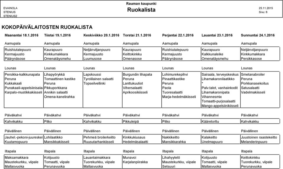 Lohimurekepihvi Sairaala, terveyskeskus Smetanabroiler Peruna Tomaattinen kastike Tyrolilainen salaatti Peruna Pinaattikastike Lihamakaronilaatikko Peruna Kukkakaali Peruna Topseilvellinki