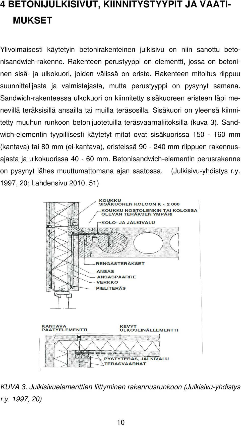 Sandwich-rakenteessa ulkokuori on kiinnitetty sisäkuoreen eristeen läpi menevillä teräksisillä ansailla tai muilla teräsosilla.