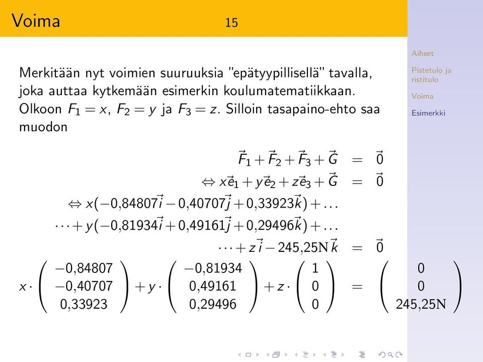 Silloin tasapaino-ehto saa muodon x F 1 + F 2 + F 3 + G x e 1 + y e 2 + z e 3 + G x( 0,84807 i 0,40707 j