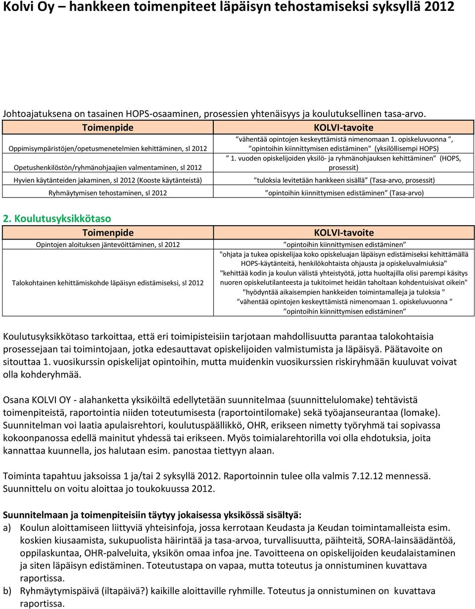 Ryhmäytymisen tehostaminen, sl 2012 vähentää opintojen keskeyttämistä nimenomaan 1. opiskeluvuonna, opintoihin kiinnittymisen edistäminen" (yksilöllisempi HOPS) 1.