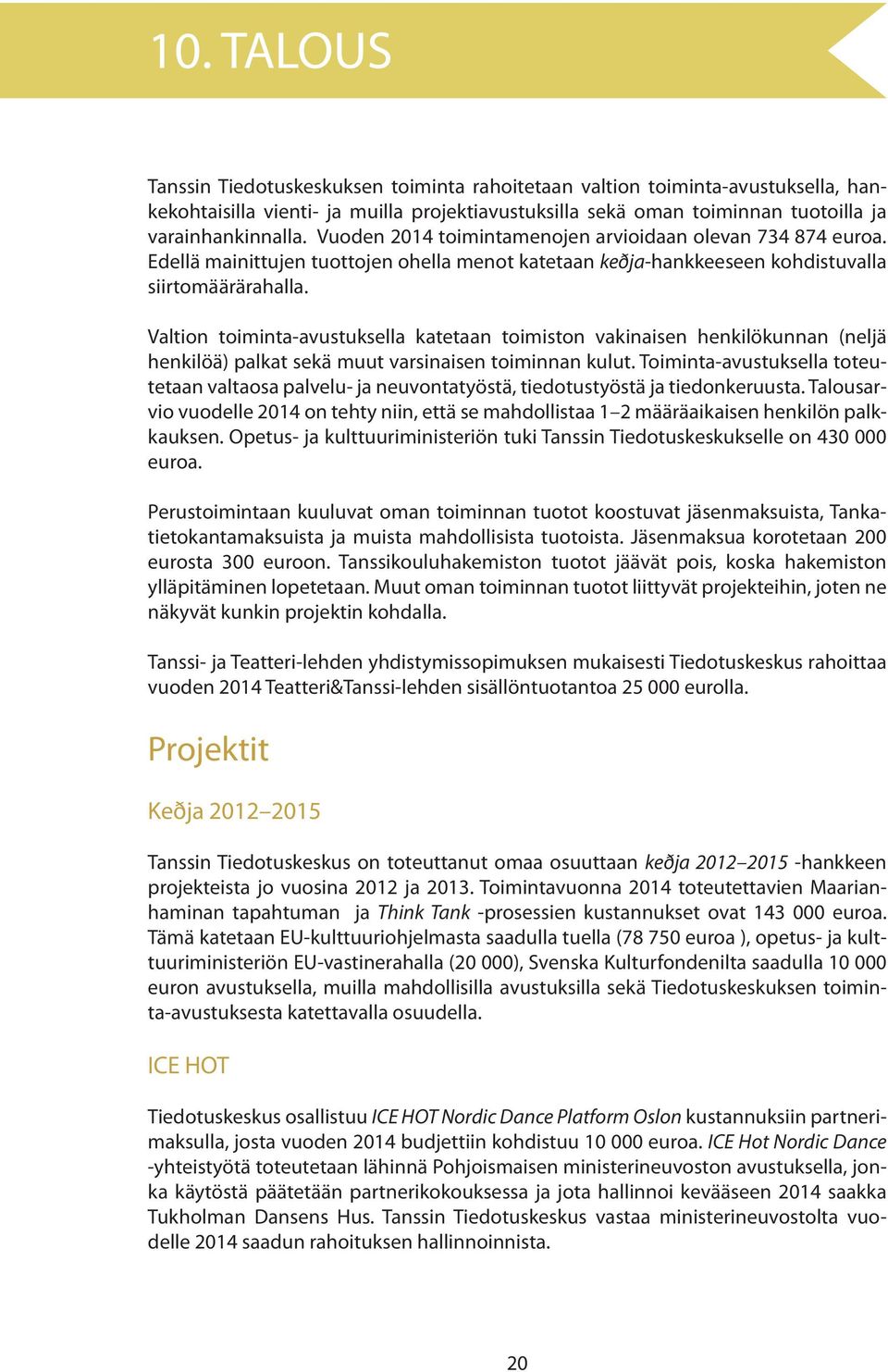 Valtion toiminta-avustuksella katetaan toimiston vakinaisen henkilökunnan (neljä henkilöä) palkat sekä muut varsinaisen toiminnan kulut.