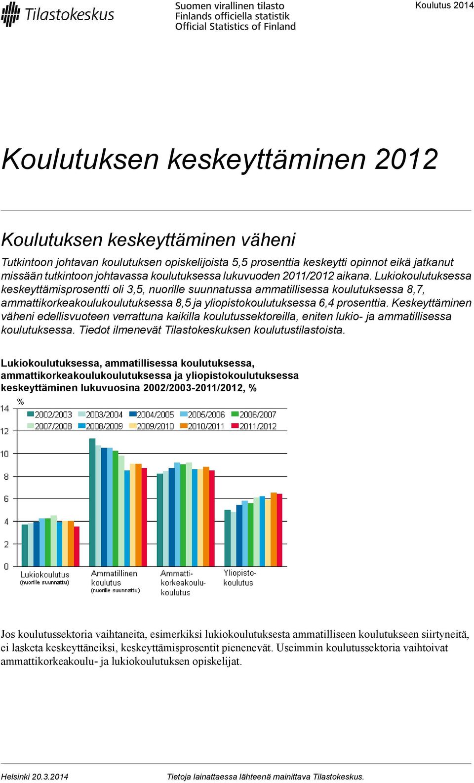 Lukiokoulutuksessa keskeyttämisprosentti oli 3,5, nuorille suunnatussa ammatillisessa koulutuksessa 8,7, ammattikorkeakoulukoulutuksessa 8,5 ja yliopistokoulutuksessa 6,4 prosenttia.