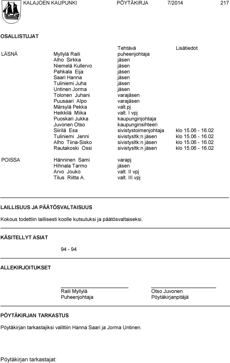 02 Tuliniemi Jenni sivistysltk:n klo 15.06-16.02 Alho Tiina-Sisko sivistysltk:n klo 15.06-16.02 Rautakoski Ossi sivistysltk:n klo 15.06-16.02 POISSA Hänninen Sami varapj Hihnala Tarmo Arvo Jouko valt.