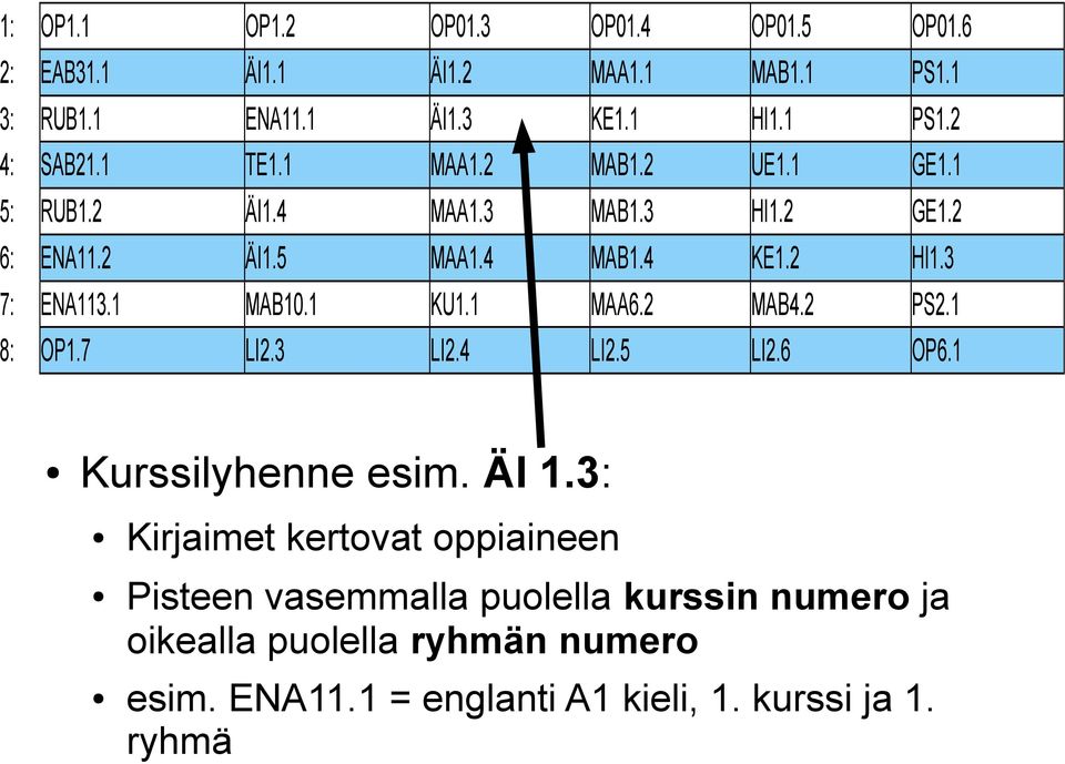 1 HI1.2 KE1.2 MAB4.2 LI2.6 OP01.6 PS1.1 PS1.2 GE1.1 GE1.2 HI1.3 PS2.1 OP6.1 Kurssilyhenne esim. ÄI 1.