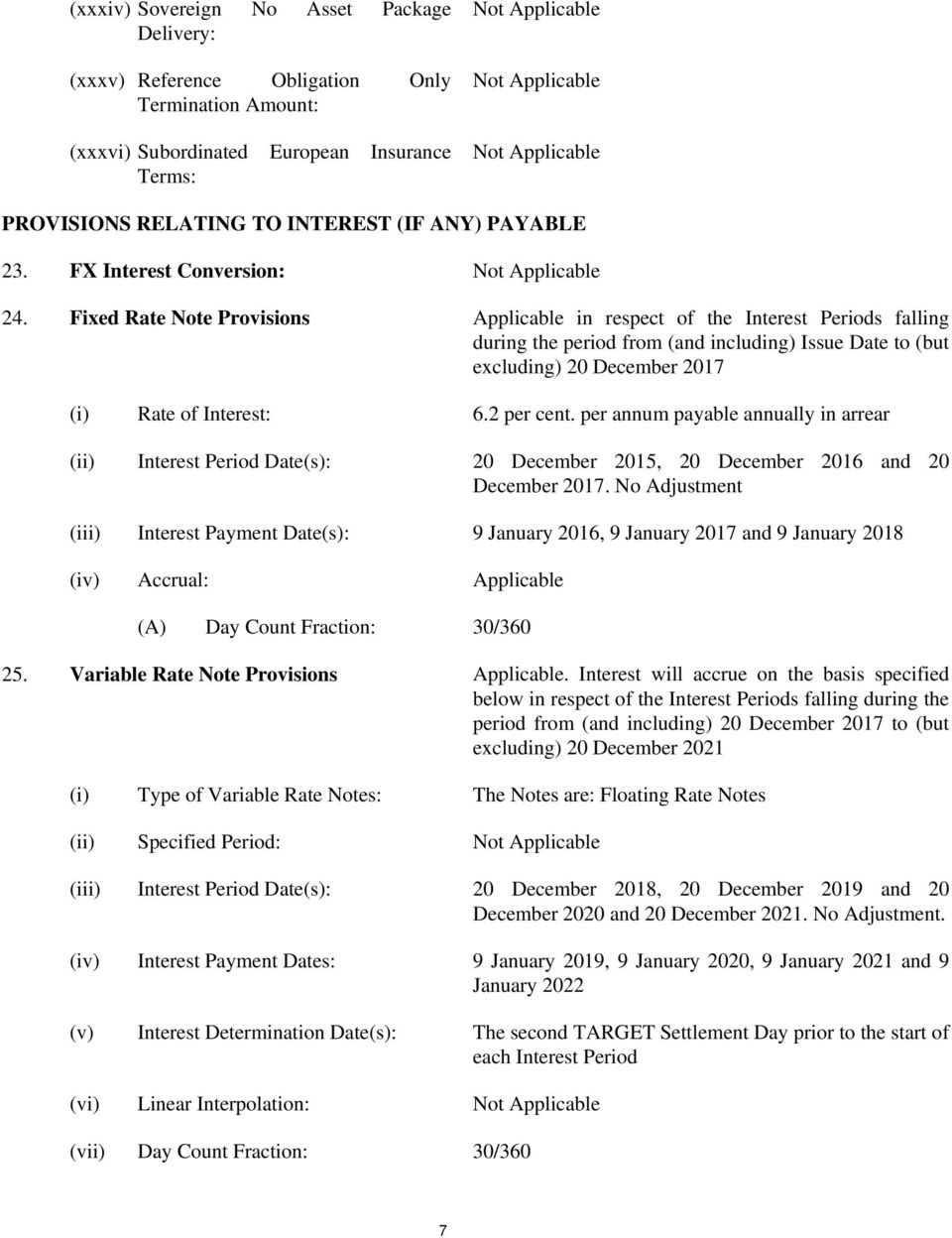 Fixed Rate Note Provisions Applicable in respect of the Interest Periods falling during the period from (and including) Issue Date to (but excluding) 20 December 2017 (i) Rate of Interest: 6.