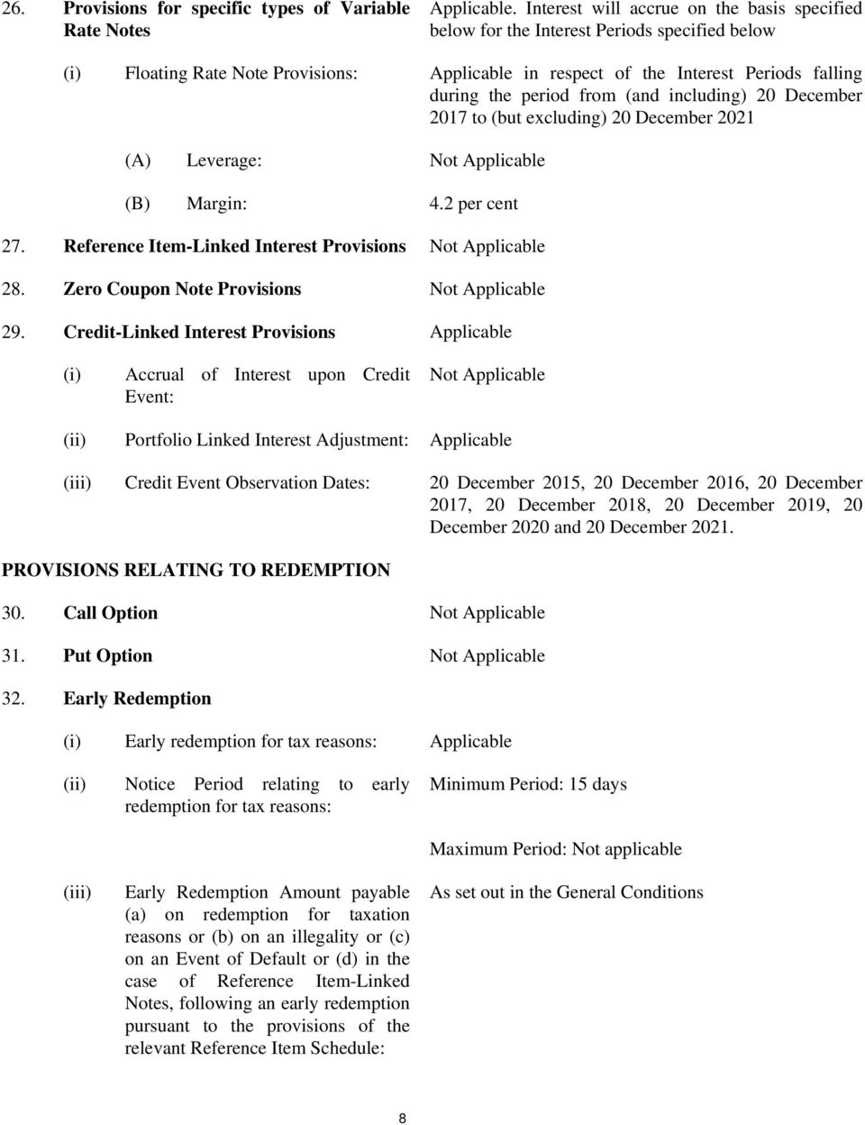 from (and including) 20 December 2017 to (but excluding) 20 December 2021 (A) Leverage: (B) Margin: 4.2 per cent 27. Reference Item-Linked Interest Provisions 28. Zero Coupon Note Provisions 29.