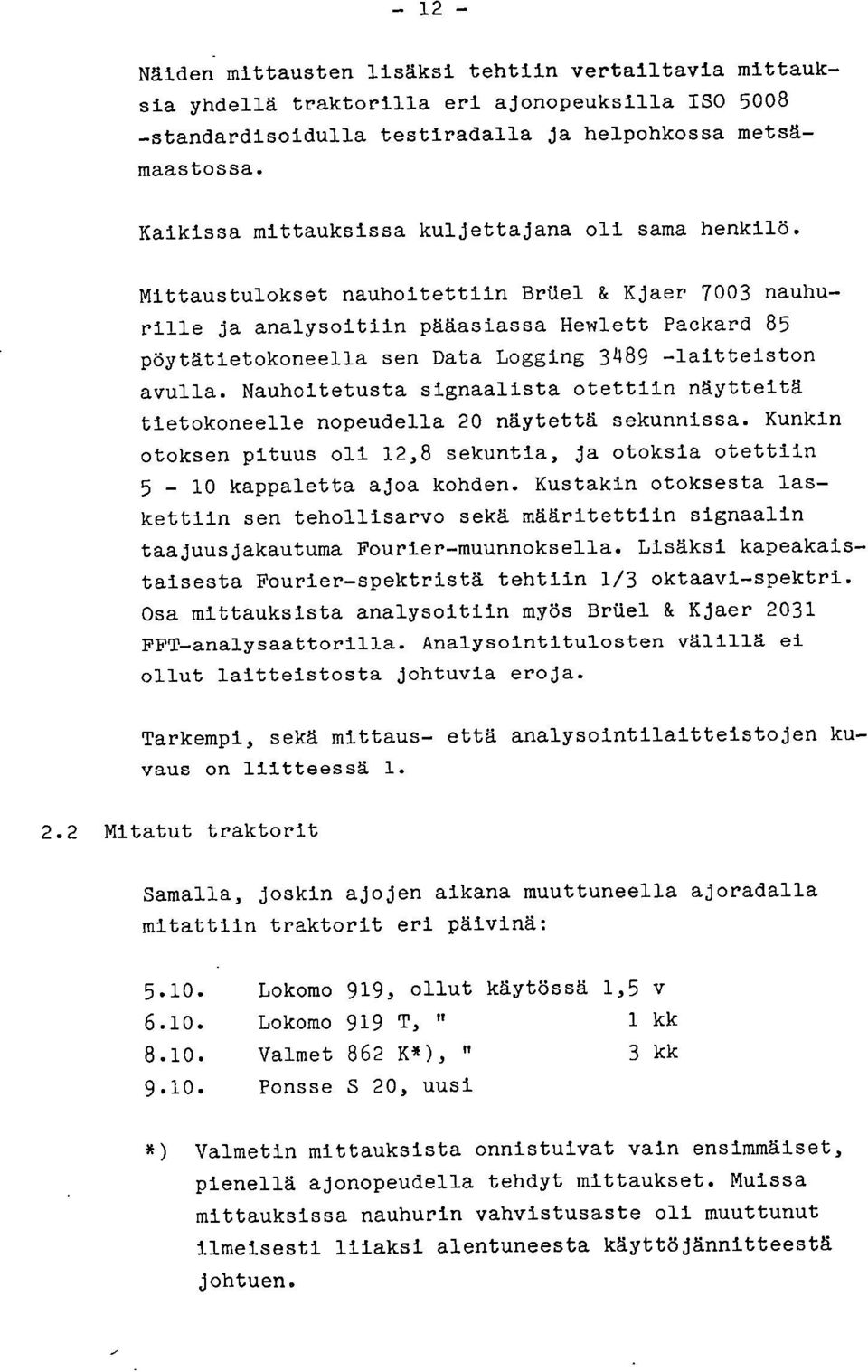 Mittaustulokset nauhoitettiin BrUel & Kjaer 73 nauhurille ja analysoitiin pääasiassa Hewlett Packard 85 pöytätietokoneella sen Data Logging 3489 -laitteiston avulla.