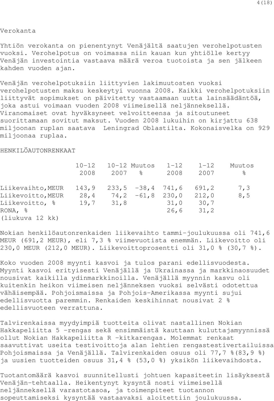 Venäjän verohelpotuksiin liittyvien lakimuutosten vuoksi verohelpotusten maksu keskeytyi vuonna 2008.