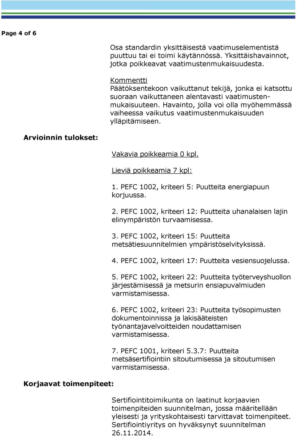 Havainto, jolla voi olla myöhemmässä vaiheessa vaikutus vaatimustenmukaisuuden ylläpitämiseen. Arvioinnin tulokset: Korjaavat toimenpiteet: Vakavia poikkeamia 0 kpl. Lieviä poikkeamia 7 kpl: 1.