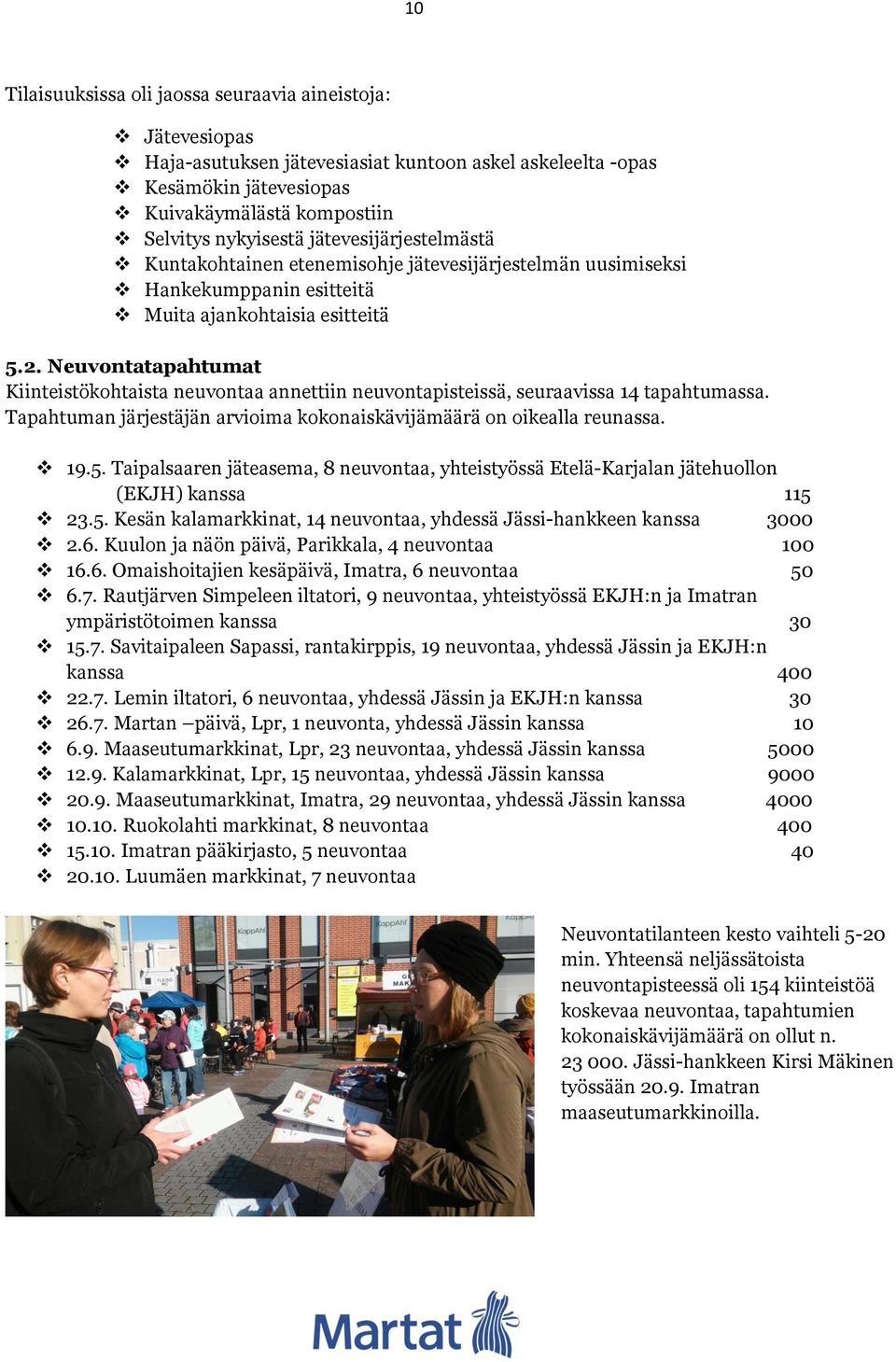 Neuvontatapahtumat Kiinteistökohtaista neuvontaa annettiin neuvontapisteissä, seuraavissa 14 tapahtumassa. Tapahtuman järjestäjän arvioima kokonaiskävijämäärä on oikealla reunassa. 19.5.