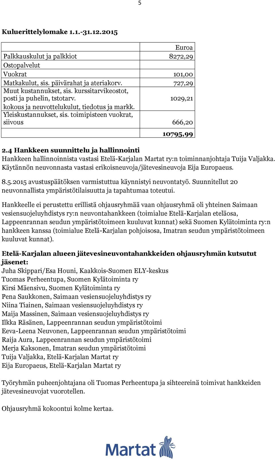 4 Hankkeen suunnittelu ja hallinnointi Hankkeen hallinnoinnista vastasi Etelä-Karjalan Martat ry:n toiminnanjohtaja Tuija Valjakka.