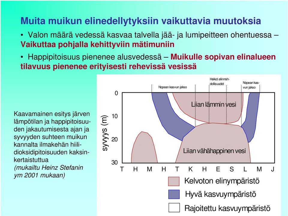 jakautumisesta ajan ja syvyyden suhteen muikun kannalta ilmakehän hiilidioksidipitoisuuden kaksinkertaistuttua (mukailtu Heinz Stefanin ym 2001 mukaan) syvyys (m) 0 10 20 30