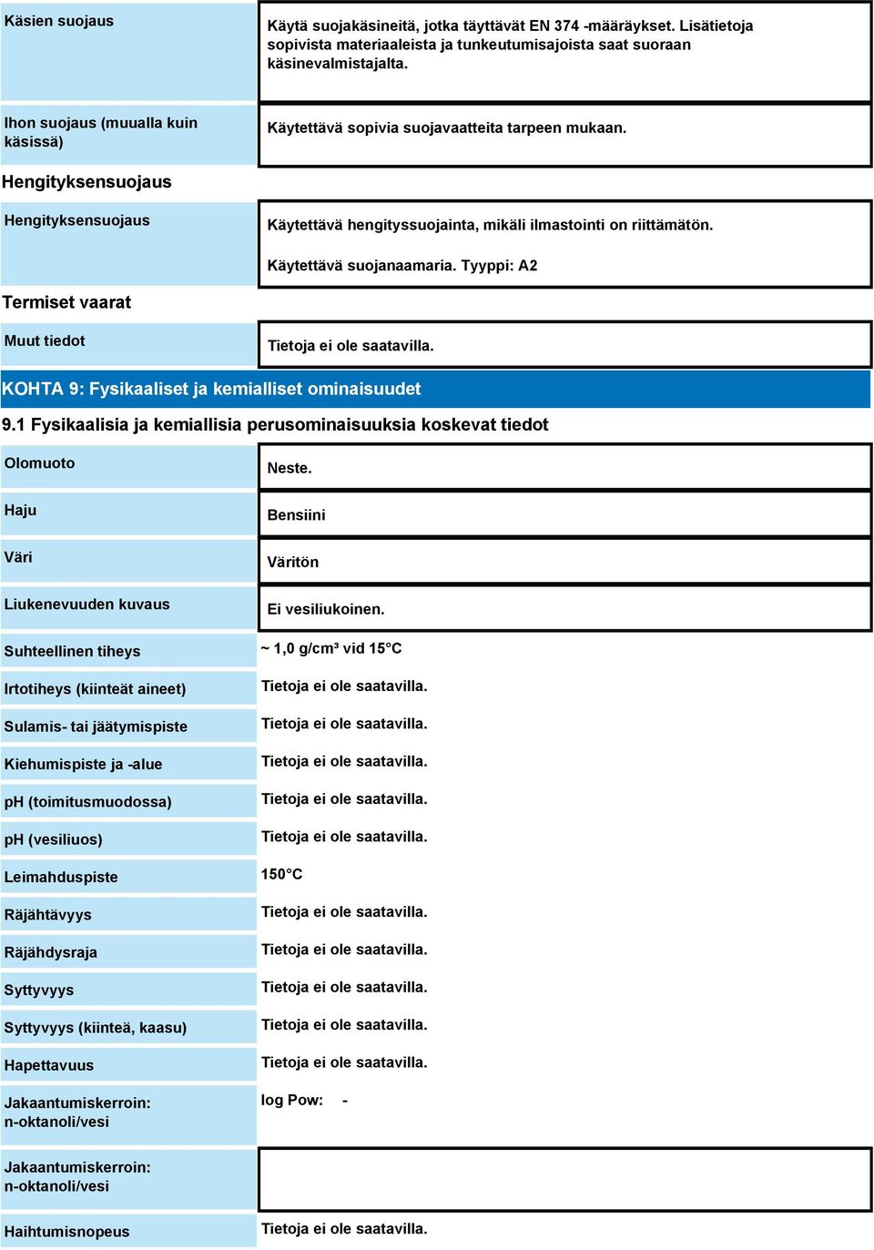 Käytettävä suojanaamaria. Tyyppi: A2 Termiset vaarat Muut tiedot KOHTA 9: Fysikaaliset ja kemialliset ominaisuudet 9.