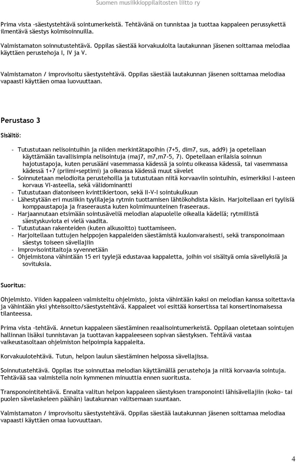 Perustaso 3 - Tutustutaan nelisointuihin ja niiden merkintätapoihin (7+5, dim7, sus, add9) ja opetellaan käyttämään tavallisimpia nelisointuja (maj7, m7,m7-5, 7).