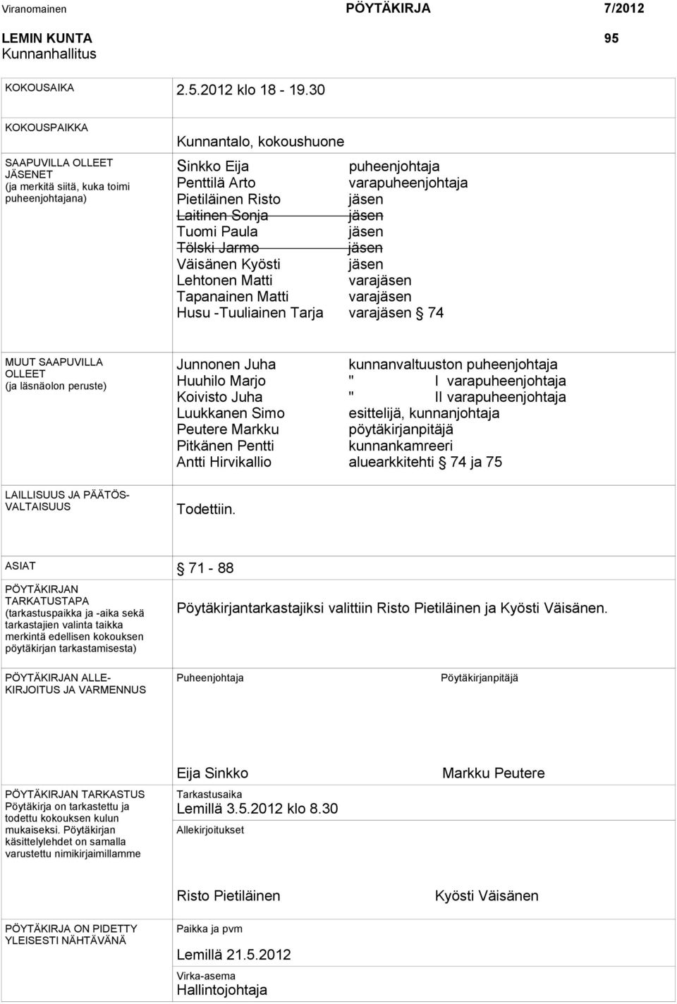 Laitinen Sonja jäsen Tuomi Paula jäsen Tölski Jarmo jäsen Väisänen Kyösti jäsen Lehtonen Matti varajäsen Tapanainen Matti varajäsen Husu -Tuuliainen Tarja varajäsen 74 MUUT SAAPUVILLA OLLEET (ja