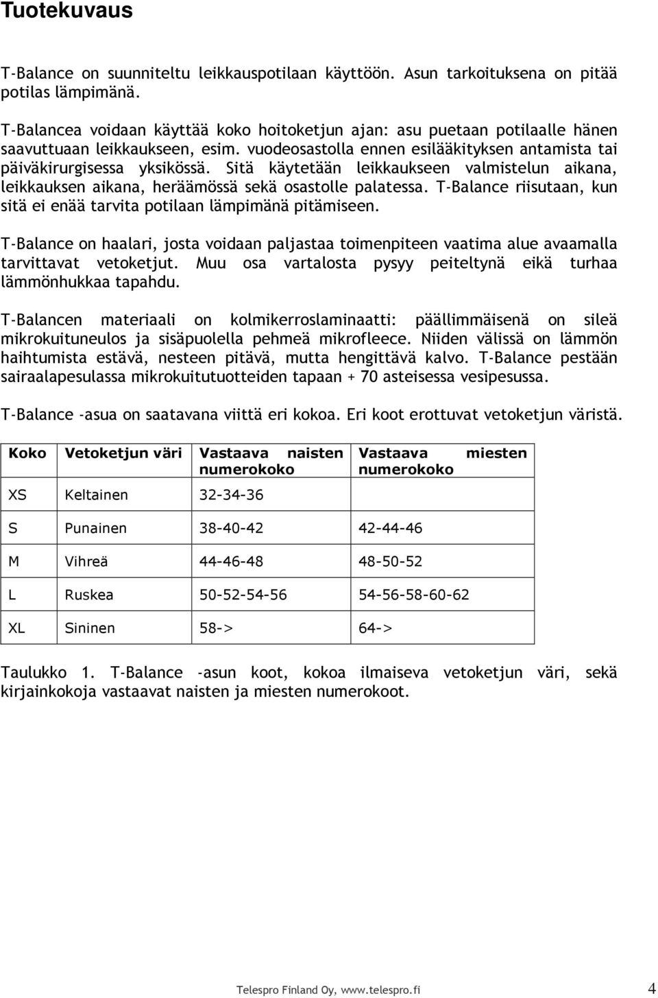 Sitä käytetään leikkaukseen valmistelun aikana, leikkauksen aikana, heräämössä sekä osastolle palatessa. T-Balance riisutaan, kun sitä ei enää tarvita potilaan lämpimänä pitämiseen.