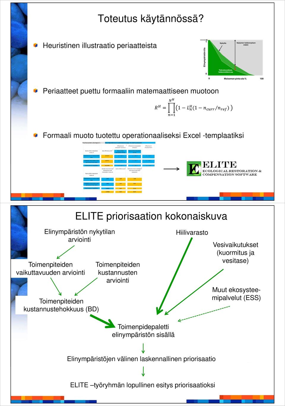 operationaaliseksi Excel -templaatiksi ELITE priorisaation kokonaiskuva Elinympäristön nykytilan arviointi vaikuttavuuden arviointi