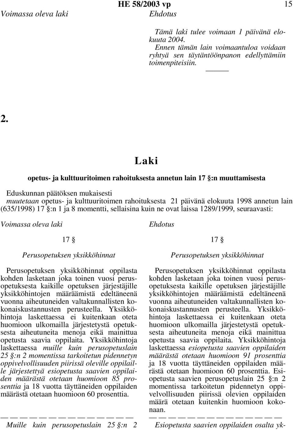 Laki opetus- ja kulttuuritoimen rahoituksesta annetun lain 17 :n muuttamisesta Eduskunnan päätöksen mukaisesti muutetaan opetus- ja kulttuuritoimen rahoituksesta 21 päivänä elokuuta 1998 annetun lain