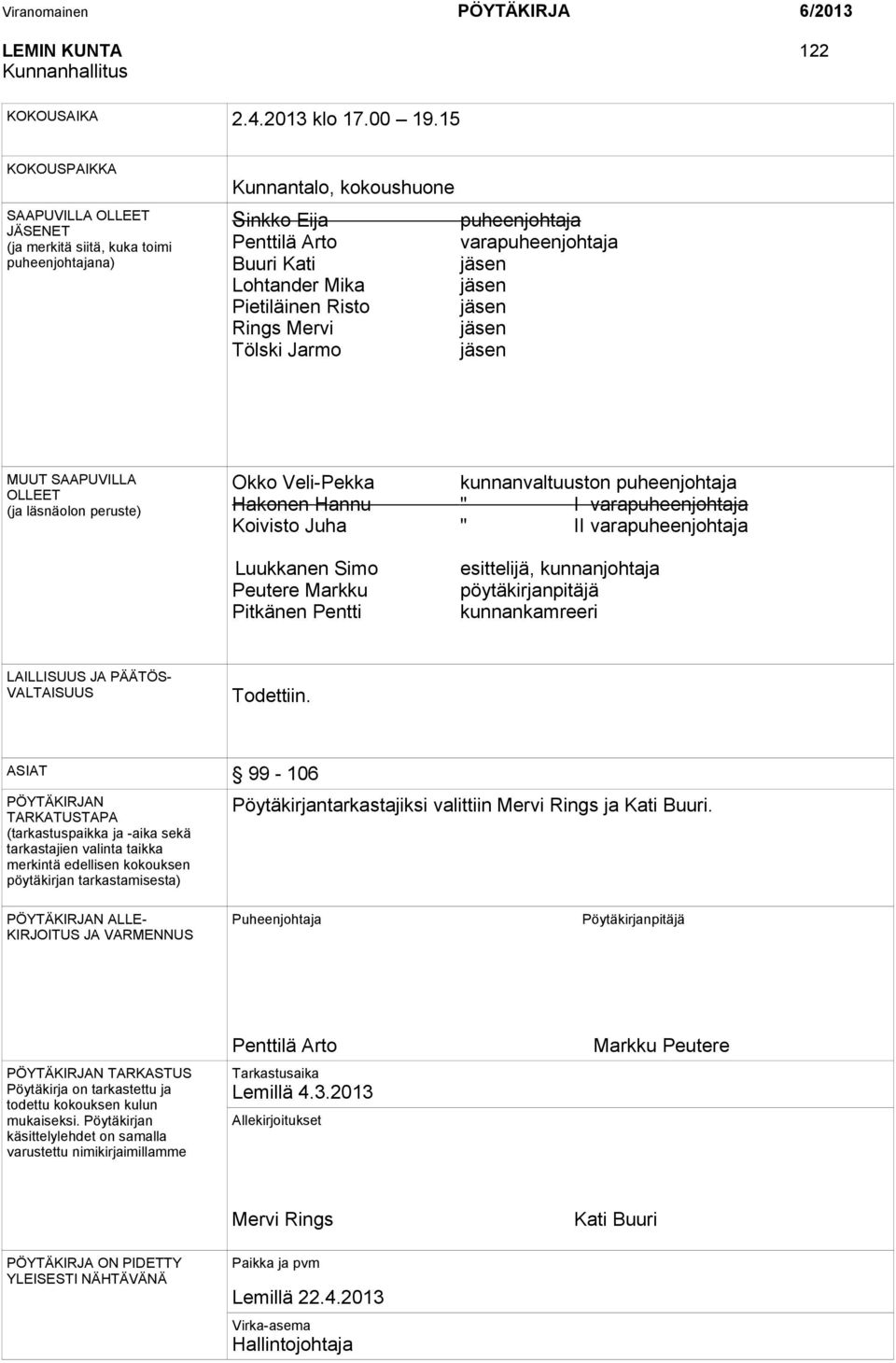 Mika jäsen Pietiläinen Risto jäsen Rings Mervi jäsen Tölski Jarmo jäsen MUUT SAAPUVILLA OLLEET (ja läsnäolon peruste) Okko Veli-Pekka kunnanvaltuuston puheenjohtaja Hakonen Hannu " I
