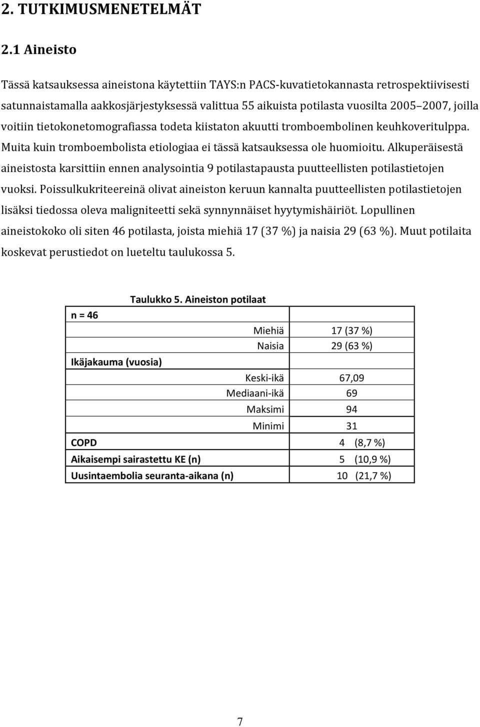 voitiin tietokonetomografiassa todeta kiistaton akuutti tromboembolinen keuhkoveritulppa. Muita kuin tromboembolista etiologiaa ei tässä katsauksessa ole huomioitu.