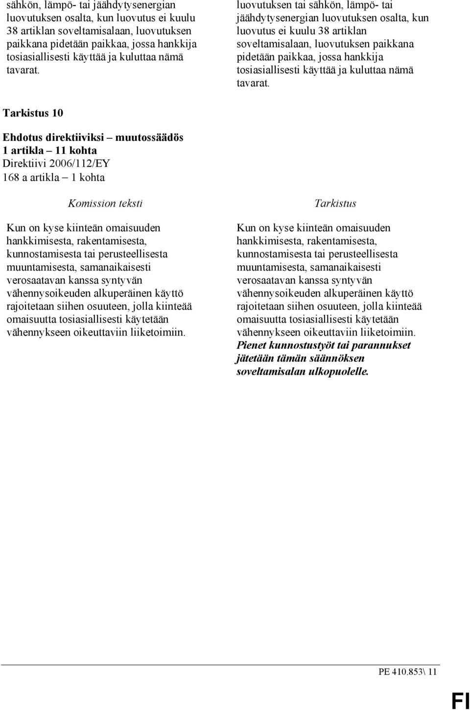 Tarkistus 10 Ehdotus direktiiviksi muutossäädös 1 artikla 11 kohta Direktiivi 2006/112/EY 168 a artikla 1 kohta Komission teksti Kun on kyse kiinteän omaisuuden hankkimisesta, rakentamisesta,