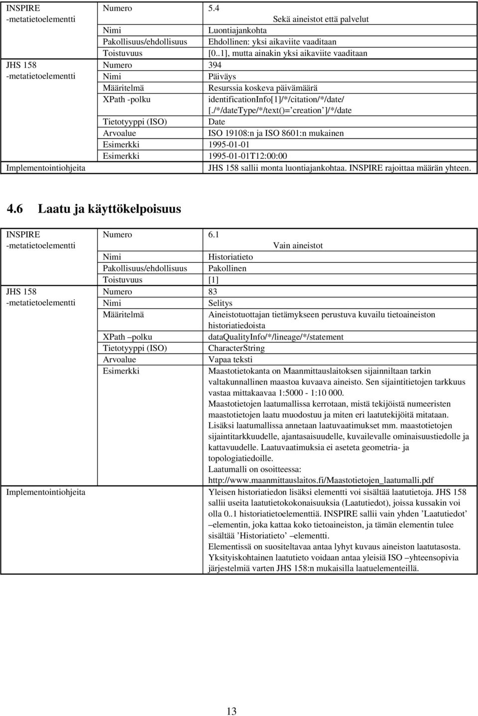 /*/datetype/*/text()= creation ]/*/date Tietotyyppi (ISO) Date ISO 19108:n ja ISO 8601:n mukainen 1995 01 01 1995 01 01T12:00:00 sallii monta luontiajankohtaa. rajoittaa määrän yhteen. 4.