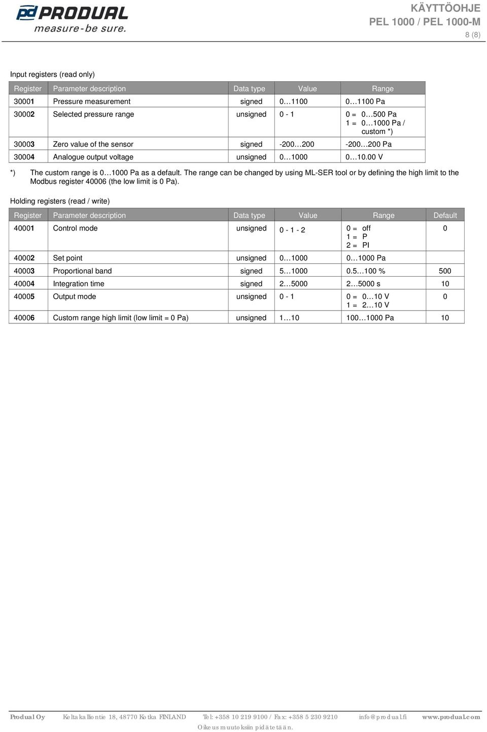 The range can be changed by using ML-SER tool or by defining the high limit to the Modbus register 40006 (the low limit is 0 Pa).