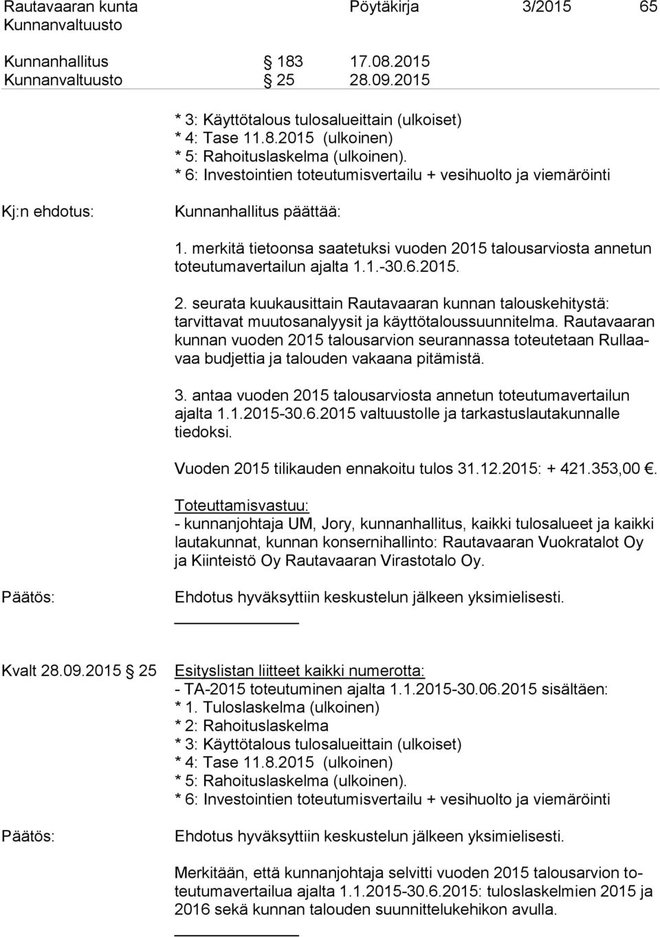 1.-30.6.2015. 2. seurata kuukausittain Rautavaaran kunnan talouskehitystä: tarvittavat muutosanalyysit ja käyttötaloussuunnitelma.